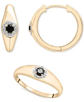 2-Pc. Set Onyx & Diamond Accent Ring & Matching Small Hoop Earrings in 14k Gold-Plated Sterling Silver