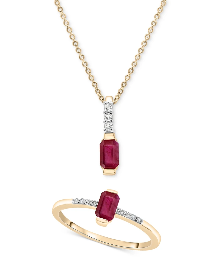 2-Pc. Set Lab-Created Ruby (3/4 ct. t.w.) & Diamond (1/20 ct. t.w.) Emerald-Cut Pendant Necklace & Ring in 14k Gold-Plated Sterling Silver