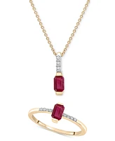 2-Pc. Set Lab-Created Ruby (3/4 ct. t.w.) & Diamond (1/20 ct. t.w.) Emerald-Cut Pendant Necklace & Ring in 14k Gold-Plated Sterling Silver