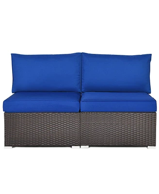 Sugift 2 Pieces Patio Rattan Armless Sofa Set with 2 Cushions and 2 Pillows