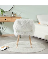 Slickblue White Faux Fur Upholstered Makeup Chair and Side Dining Chair with Metal Legs for Stylish Seating