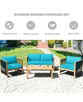 Sugift 4 Pieces Acacia Wood Sofa Set with Cushions for Outdoor Patio-Blue