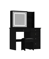 Famapy 5-Drawers Black Wood Led Push-Pull Mirror Makeup Vanity Sets Dressing Table Sets with Stool and 3-Tier Storage Shelves