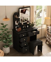 Homsee 5-Drawers Pink Makeup Vanity Sets Dressing Table with Stool, Mirror, Led Light and 3-Tier Storage Shelves