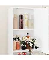 Famapy White Makeup Vanity Table Dressing Desk W/3-Mirrors,Lighted Mirror, Drawers, Hidden Storage Shelves Carved Metal Handles