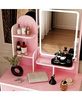 Homsee 5-Drawers Pink Makeup Vanity Sets Dressing Table with Stool, Mirror, Led Light and 3-Tier Storage Shelves