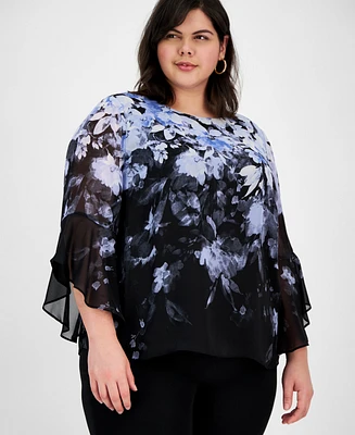 Kasper Plus Cascading Floral Ruffle-Sleeve Blouse