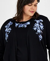 Kasper Plus Embroidered Open-Front Cardigan