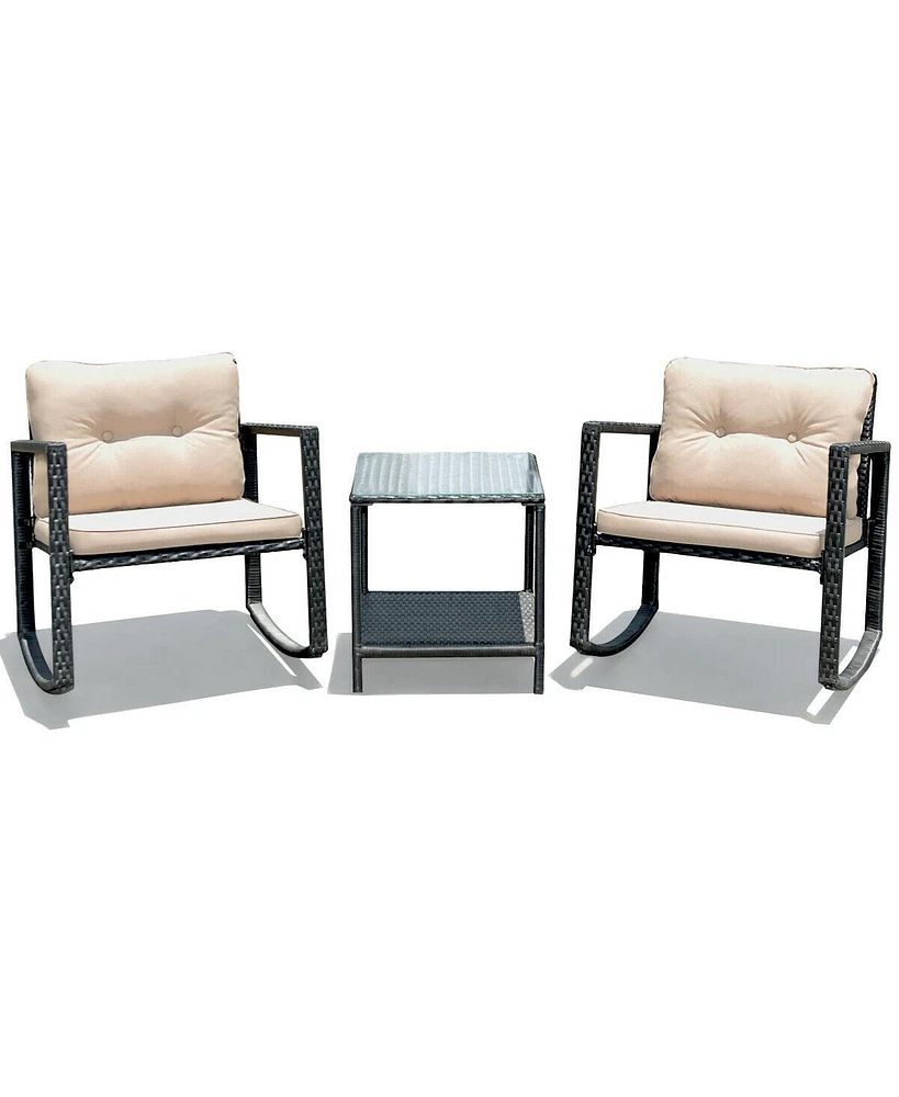 Sugift 3 Pieces Cushioned Patio Rattan Set with Rocking Chair and Table