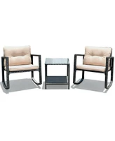 Sugift 3 Pieces Cushioned Patio Rattan Set with Rocking Chair and Table