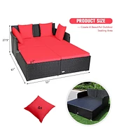 Sugift Spacious Outdoor Rattan Daybed with Upholstered Cushions and Pillows