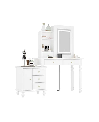 Famapy White Makeup Station Makeup Vanity Mirror Wood Dressing Table with Sliding Led Color Changed Mirror, Cabinet, 6-Drawers