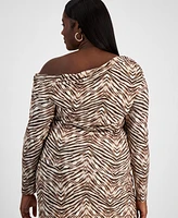 Bar Iii Trendy Plus Printed Asymmetric Drape Top, Exclusively at Macy's