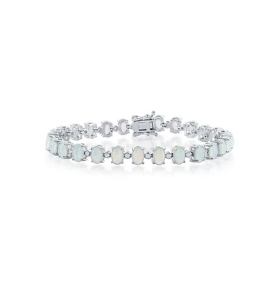 Caribbean Treasures Sterling Silver Alternating Synthetic Oval Opal &Small Cz Tennis Bracelet