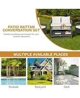 Sugift 4 Pieces Patio Rattan Furniture Set with Cushioned Sofa and Storage Table