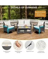 Sugift 4 Pieces Patio Rattan Furniture Set with Cushioned Sofa and Storage Table