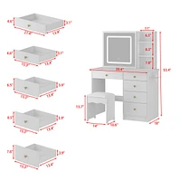 Famapy White Makeup Vanity Set Dresser Table with Dimmable Lighted Mirror, Power Strip and Hair Dryer Holder, 5-Drawers, Stool