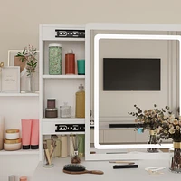 Homsee Grey Wood Silding Led Mirror Makeup Vanity Sets Dresser Table With Storage Shelves, 4-Drawers and Stool