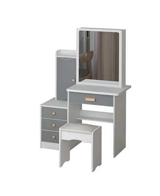 Homsee Grey Wood Silding Led Mirror Makeup Vanity Sets Dresser Table With Storage Shelves, 4-Drawers and Stool