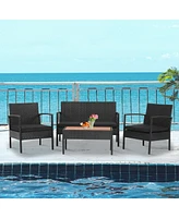 Sugift 4 Pieces Patio Rattan Cushioned Furniture Set with Wooden Tabletop