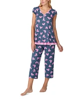 Ellen Tracy Women's Cropped Flutter-Sleeve Floral Pajama Set