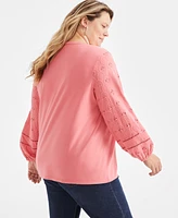 Style & Co Plus Split-Neck Eyelet-Trim Top, Exclusively at Macy's