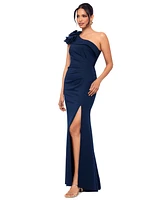 Xscape Women's Flower-Trim One-Shoulder Side-Slit Gown