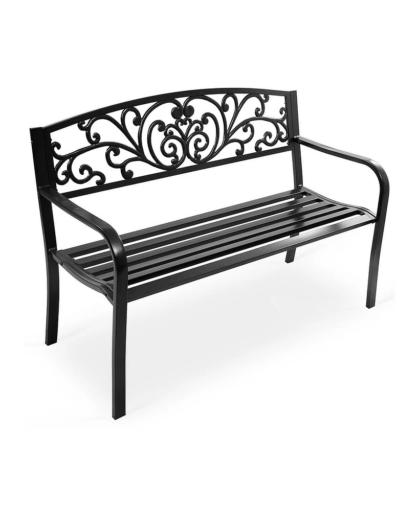 Sugift 50 Inch Patio Park Steel Frame Cast Iron Backrest Bench Porch Chair