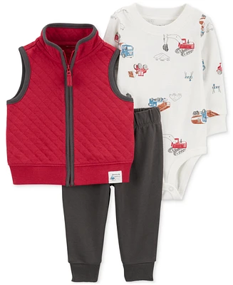 Carter's Baby Boys Quilted Little Vest, Construction-Print Bodysuit & Pants, 3 Piece Set