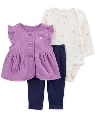 Carter's Baby Girls Quilted Little Vest, Bodysuit & Pants, 3 Piece Set