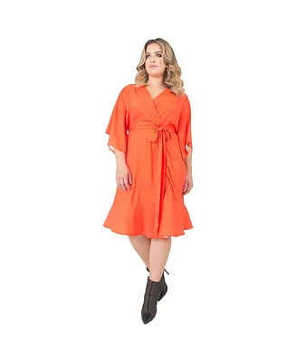 Standards & Practices Plus Wrap Dress Kimono Sleeve Ruffled Knee Length