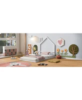 Slickblue Twin Size Metal Floor Bed with House-Shaped Headboard Stylish and Modern Kids' Bed