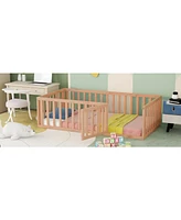 Twin Wood Floor Bed Frame with Fence and Door for Kids