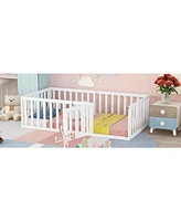 Twin Size Wood Floor Bed Frame with Fence and Door for Kids