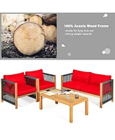 Sugift 4 Pieces Acacia Wood Sofa Set with Cushions for Outdoor Patio