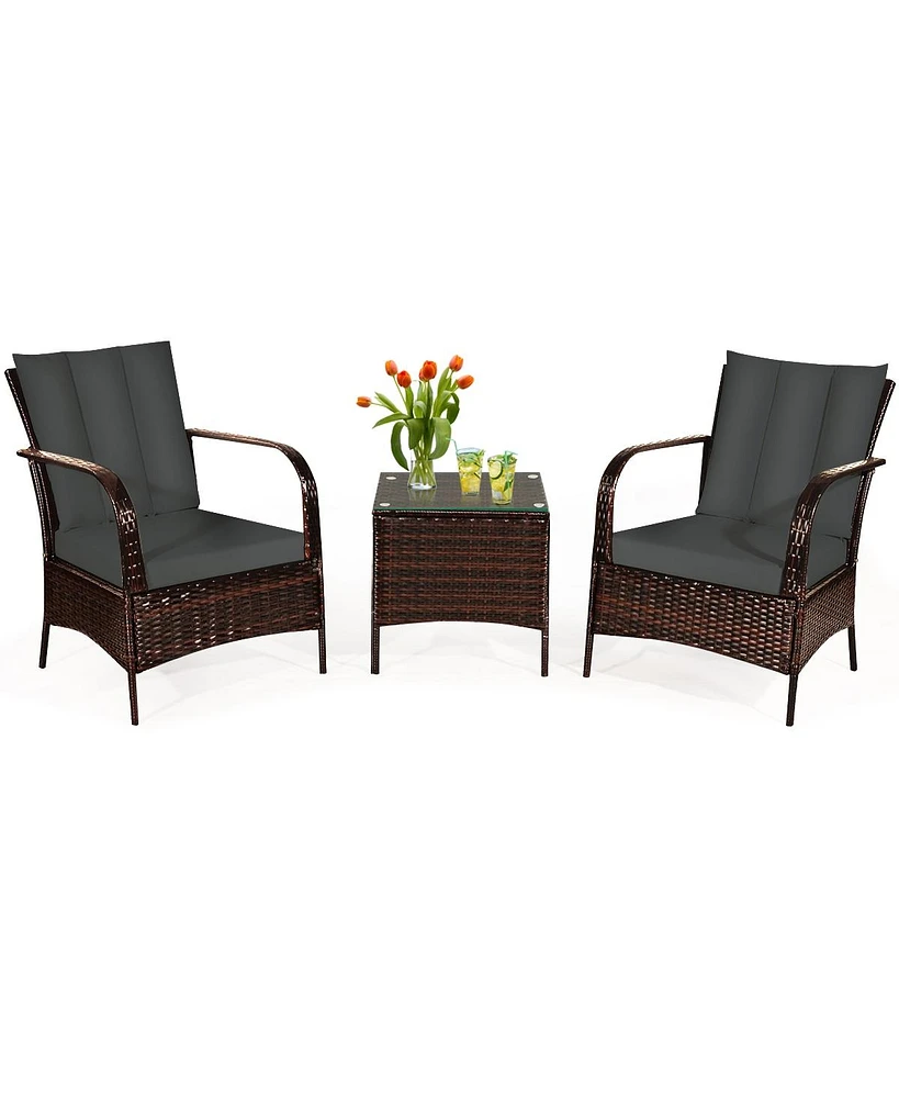 Sugift 3 Pieces Patio Rattan Conversation Set with Glass Top Coffee Table and Cushions