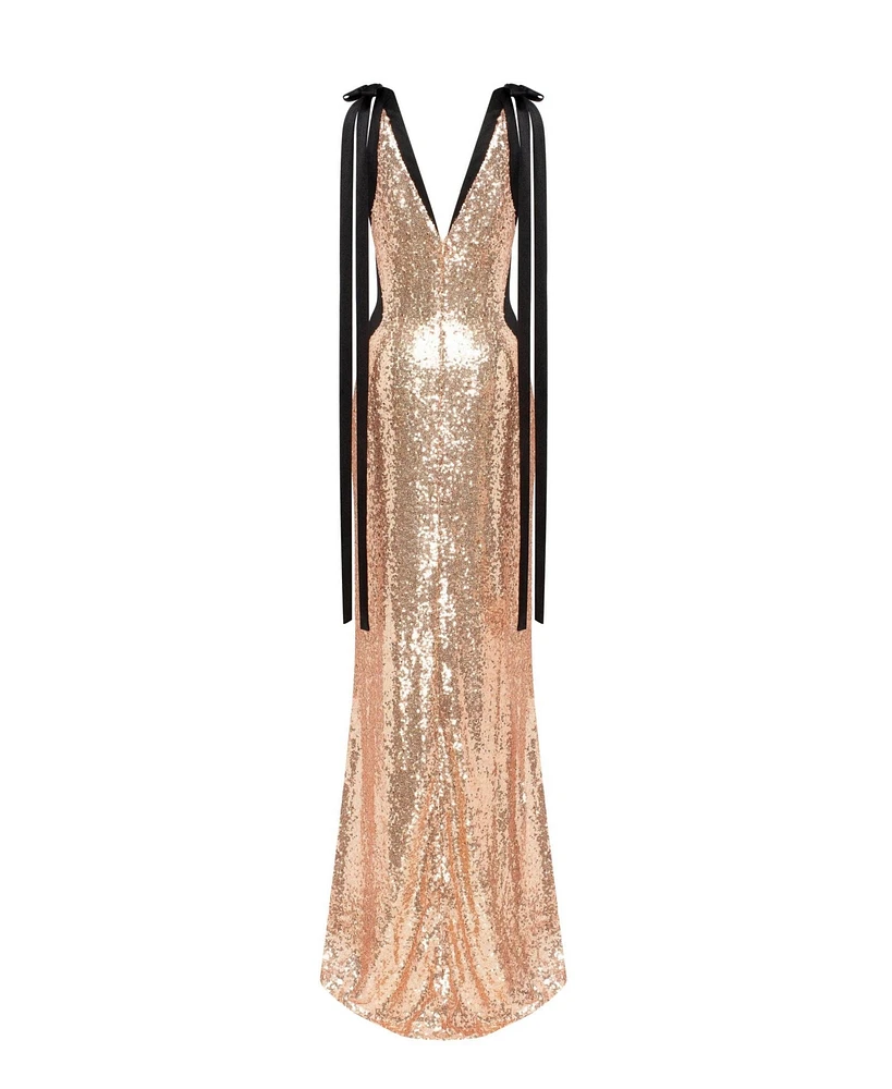 Milla Women's Bizzare Fully Sequined Tie-Straps Gold Maxi Dress, Smoky Quartz