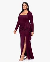 Xscape Plus Scuba Square-Neck Ruffle-Side Gown