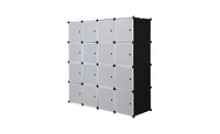 Slickblue 16-Cube Stackable Plastic Organizer, Multifunctional Modular Closet Cabinet with Hanging Rod, White & Black