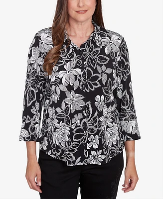 Alfred Dunner Petite Floral Puff Print Button Down Top