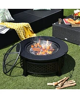 32'' Round Fire Pit Set W/ Rain Cover Bbq Grill Log Grate Poker
