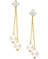 Cultured Freshwater Pearl (6-6-1/2mm) & Cubic Zirconia Double Chain Drop Earrings Sterling Silver (Also 18kt Gold over Silver)