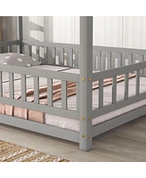 Slickblue Full Floor Wooden Bed with House Roof Frame, Fence Guardrails