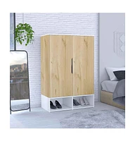 Bamboo Armoire, Double Door Cabinets, Five Shelves, Hanging Rod, Two Open Shelves, Light Oak / White