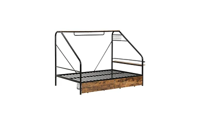 Slickblue Black Full Size Metal Platform Bed Frame with Clothes Rack, Storage Shelves & 2 Drawers