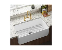 gaomon White Farmhouse Sink 33 inch Fireclay Apron Front Single Bowl Kitchen Sink Deep Drop In Farm Sink Undermount with Bottom Grid & Strainer Drain