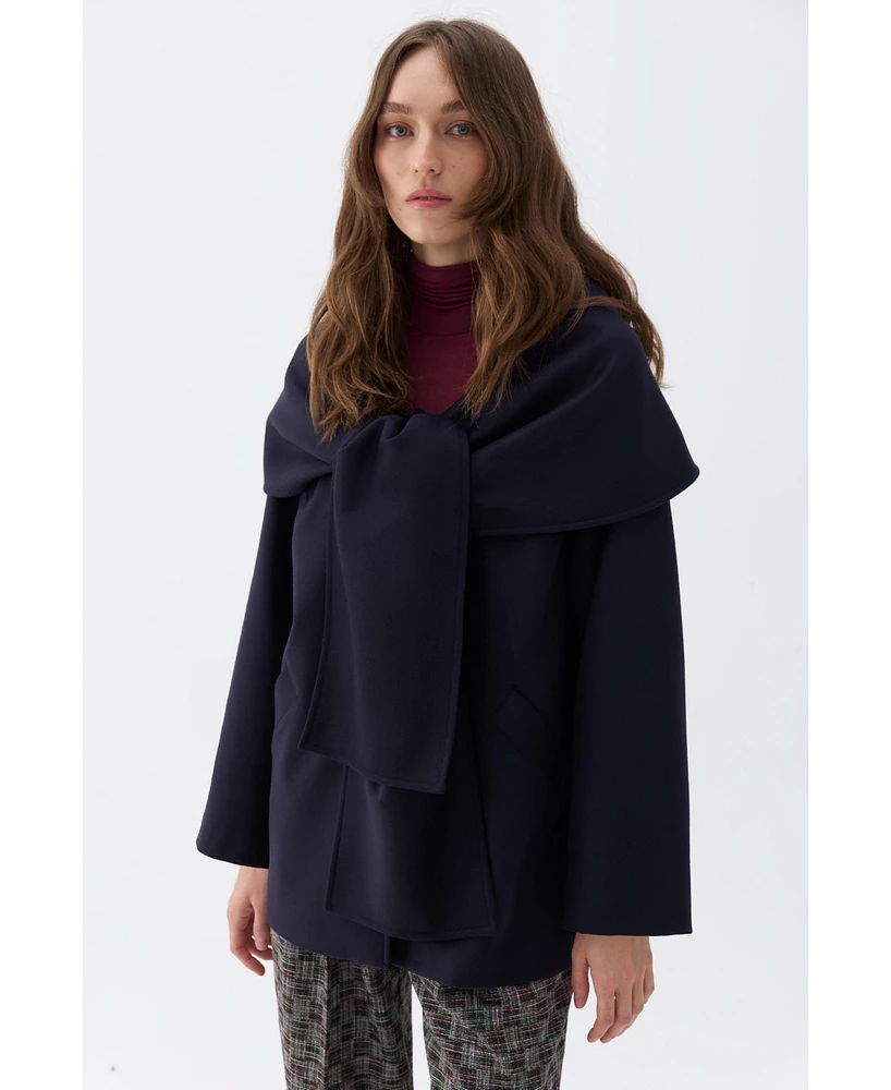 Nocturne Women's Draped Coat with Front Tie Detail