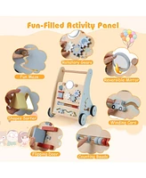 Costway Wooden Baby Walker Push & Pull Walker with Multi-Activity Learning Center