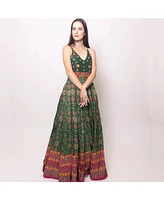 Raas Women's Green Patola Print Halter Long Dress