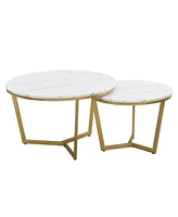 Streamdale Furniture Modern Round Nesting Coffee Table Set 2-Piece White & Marbling Top Gold Base